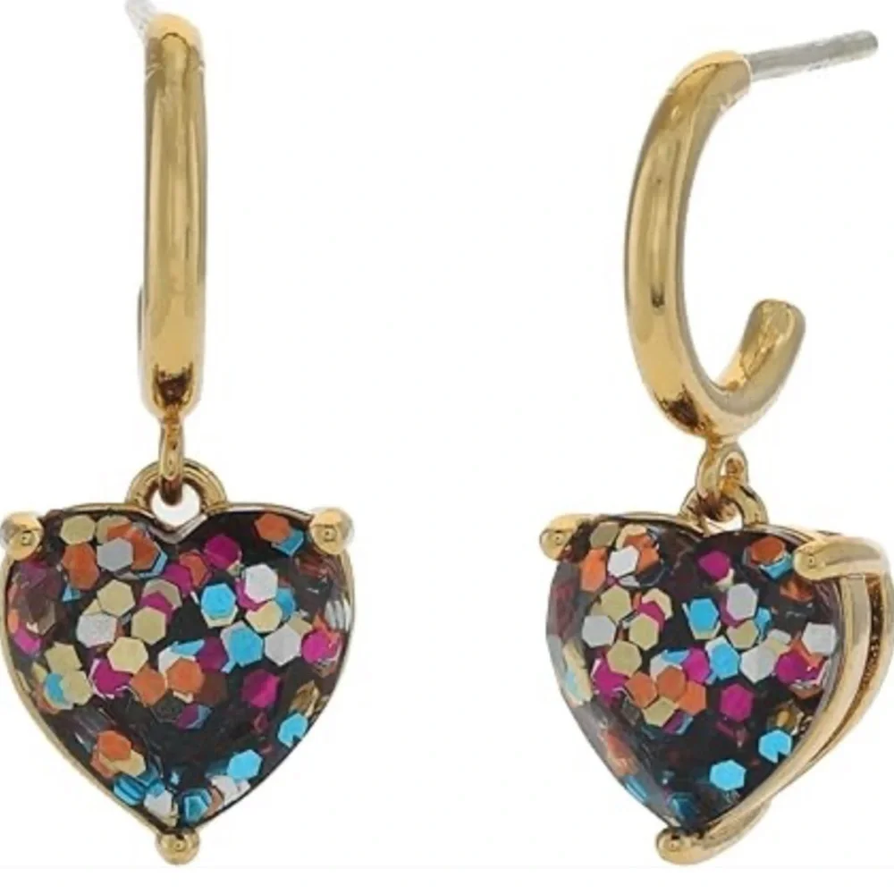 Kate Spade Multi-Glitter Heart Gold Hoops and Studs Matching 2 Hole Earrings Set